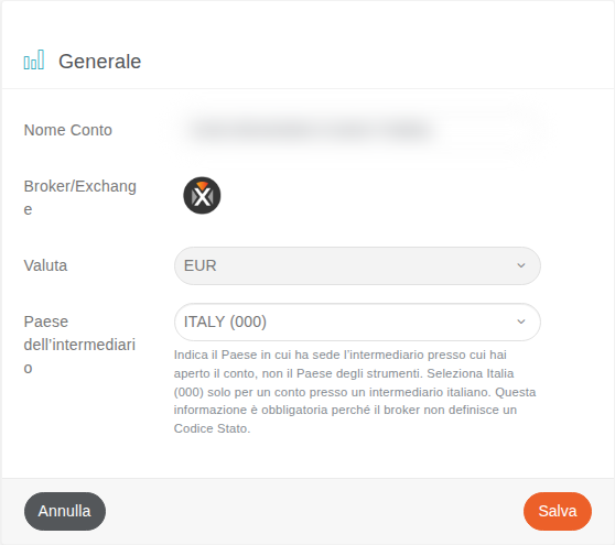 Impostazioni reali di un conto Custom Trading MoneyViz con il codice Italia 000 selezionato come Paese dell'intermediario