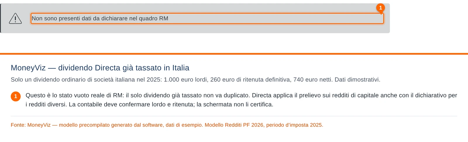 MoneyViz, Quadro RM senza dati dichiarabili per il solo dividendo Directa già tassato: lordo 1.000 euro, ritenuta 260, netto 740