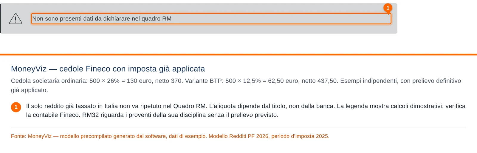MoneyViz, nessun reddito da duplicare in RM per cedole Fineco già tassate: obbligazione societaria 26% e variante BTP 12,5%