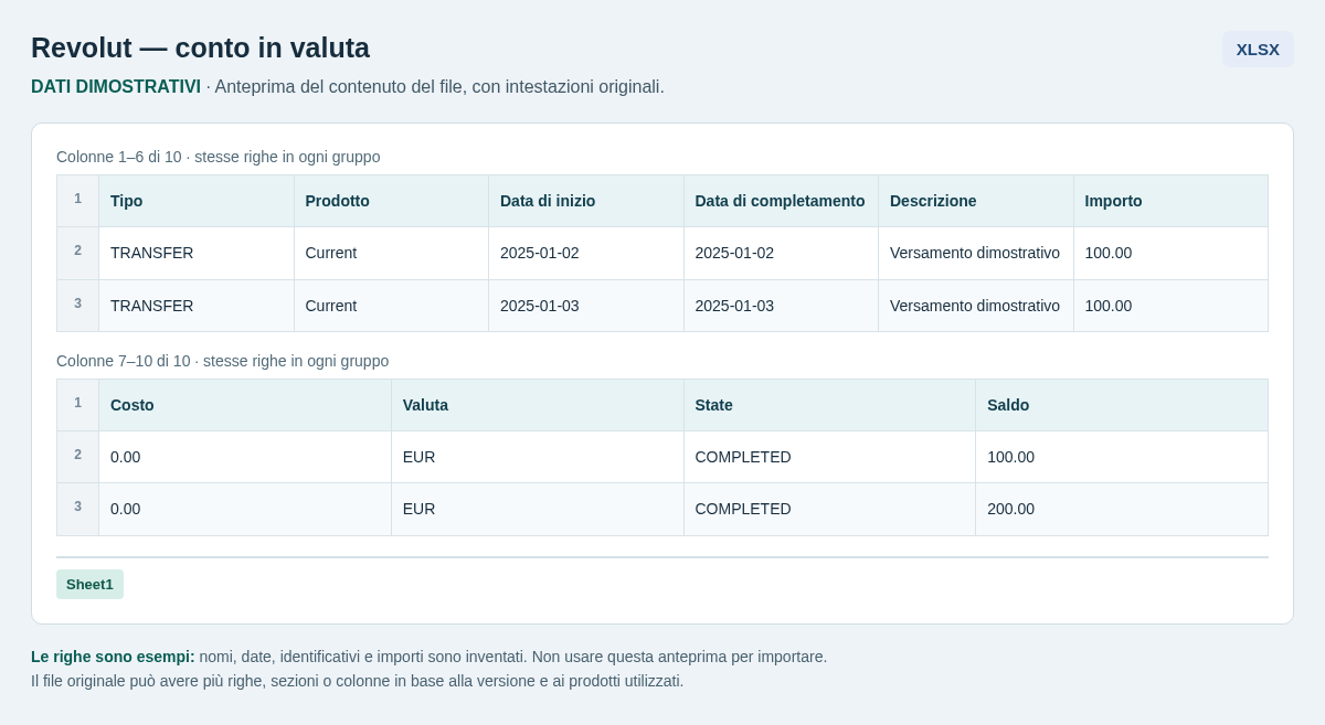 Revolut — conto in valuta — XLSX: struttura e dati dimostrativi