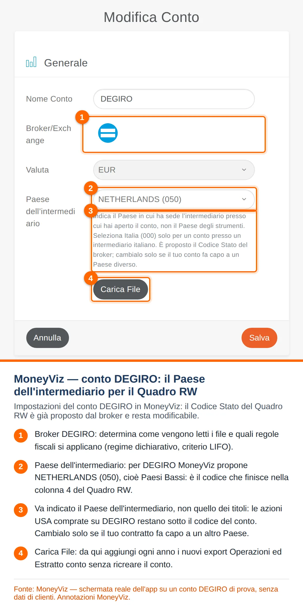 Schermata reale di MoneyViz: impostazioni di un conto DEGIRO con il campo Paese dell'intermediario impostato su NETHERLANDS (050), il testo di aiuto e il pulsante Carica File, con quattro marcatori numerati