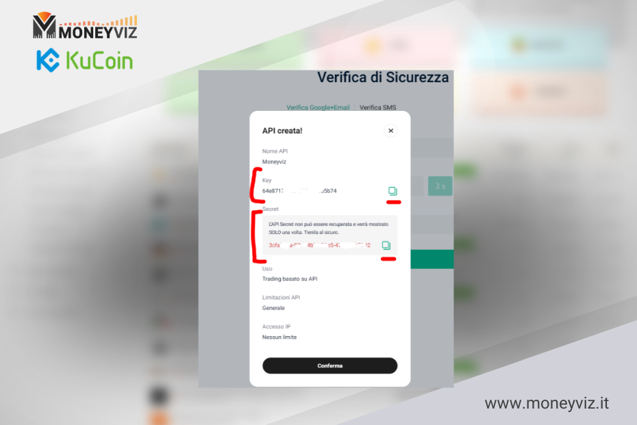 Come pagare le tasse su Kucoin. Esempio Chiavi API generate